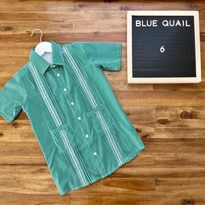 Blue Quail Girls Green White Gingham Short Sleeve Guayabera Dress 6 Summer